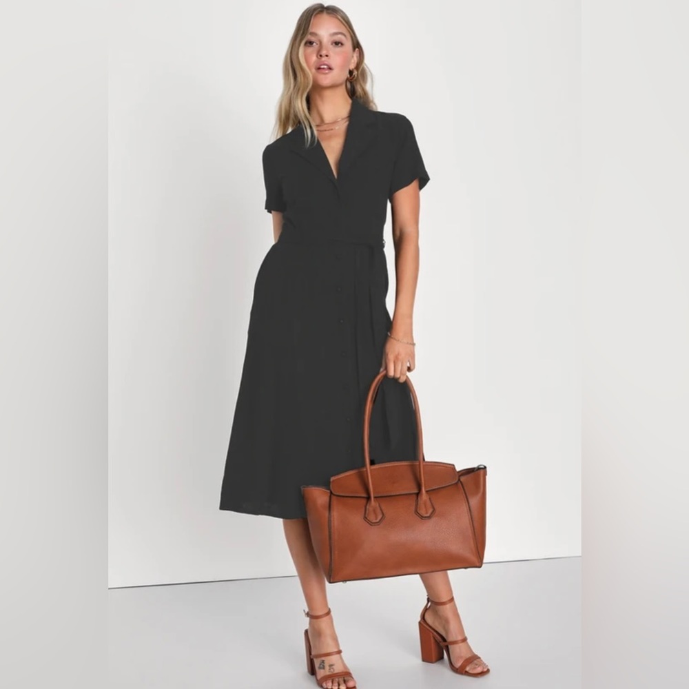 Sweet Sincerity Black Linen Button-Up Midi Dress with pockets